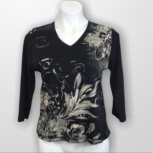 ALLISON DALEY Dark Metallic Floral Pattern Long Sleeve Tee Size SP
